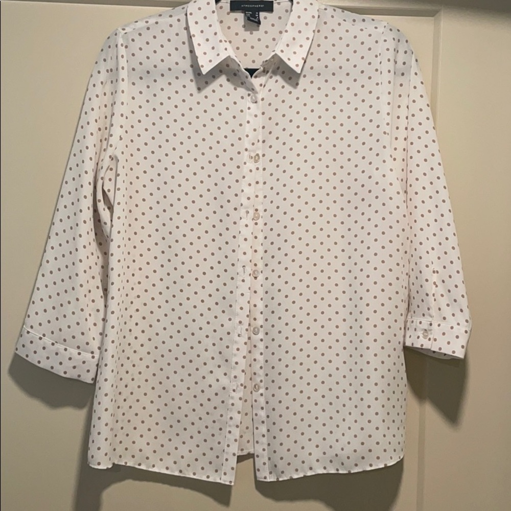Primark white w/tan dots button down blouse size 6